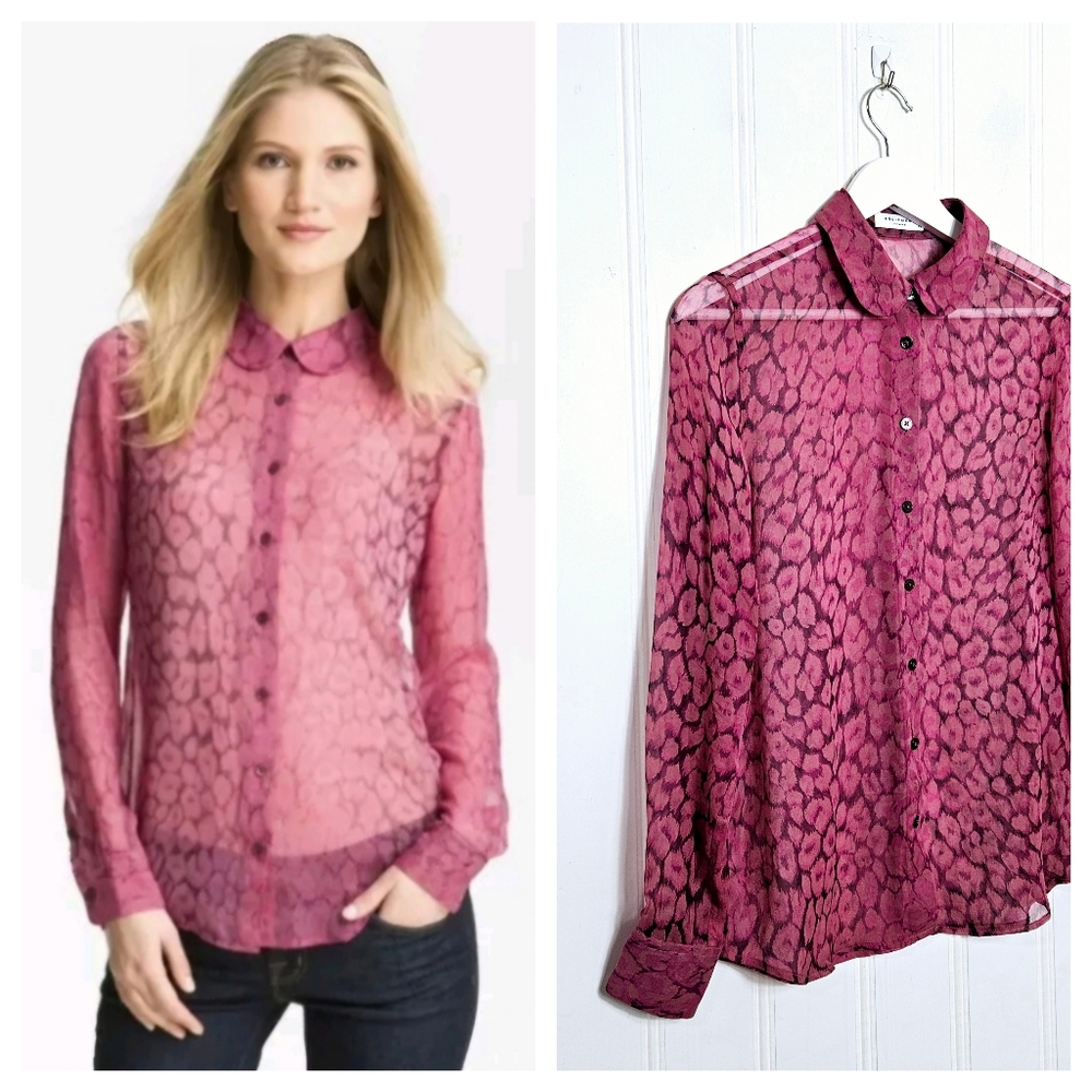 Equipment Femme Sophie Blouse XS Silk Leopard Print Peter Pan Collar Wine Pink